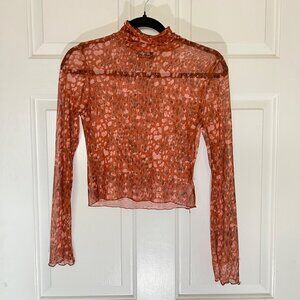 Fashion Nova Brown/Orange Mesh Long Sleeve Crop Top Size Medium